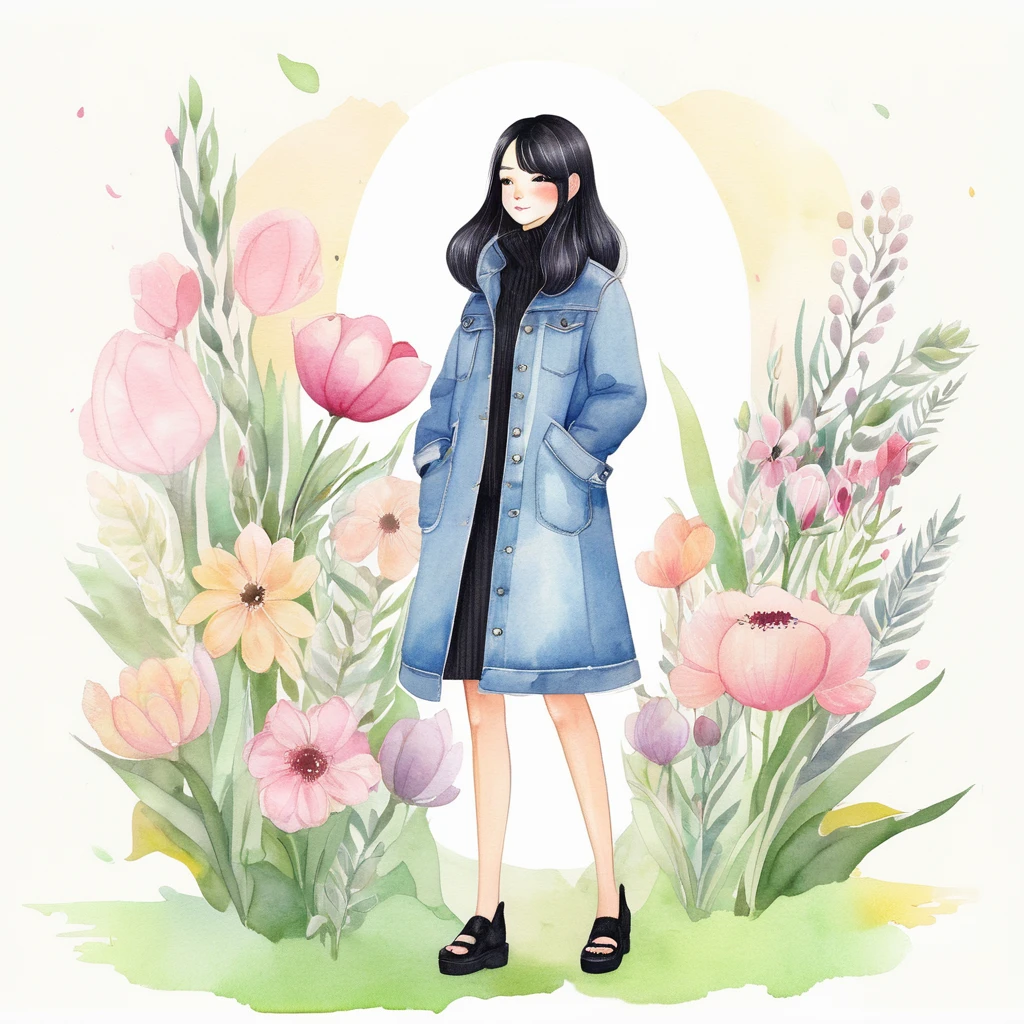 A watercolor illustration, kawaii illustration, chibi .Anime STYLE, of a beautiful woman with LONG STRAIGHT black hair standing against a light background, she is holding a bouquet of flowers, The woman is 25 years old, she is wearing a long PINK coat , WHITE turtleneck, denim shorts and black sandals. The coat has large pockets and a raised collar. She extending it beyond her shoulders. by Kathrin Honesta, Lisi Martin ,Jessica Roux and Helen Dardik