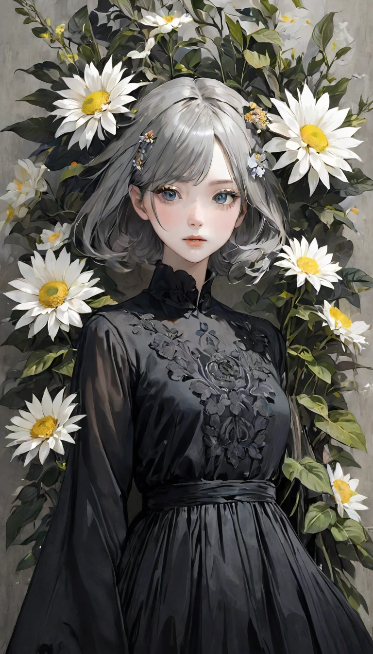 Beautiful woman、flower arrangement、Wabi-sabi art、Very detailed_face_eye、Very detailedface、Black Dress、white、gray、Tone、parchment、抽象的flower arrangement、Three big flowers、Surreal art、silence、wallpaper、Highest quality、masterpiece、High resolution、8k