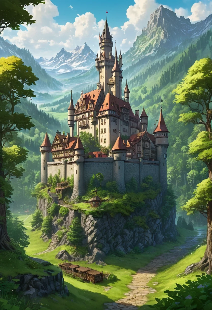 A big city rpg inspired by Switzerland and Germany , fancy, with forest, a large castle in the center, makes, surrounded by prairies, forest and mountains.