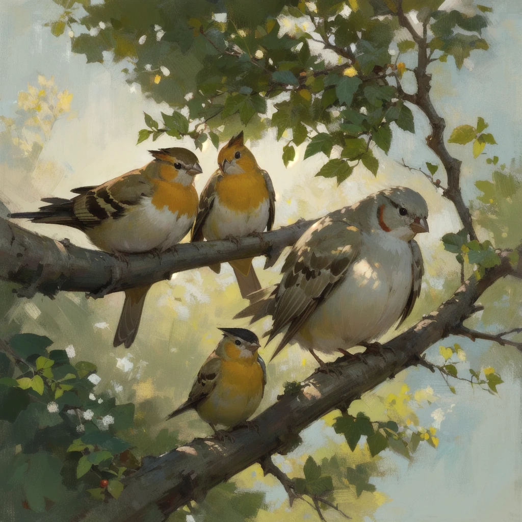 realistic, (best quality, masterpiece:1.3),Finch, branch,still_life, nature light