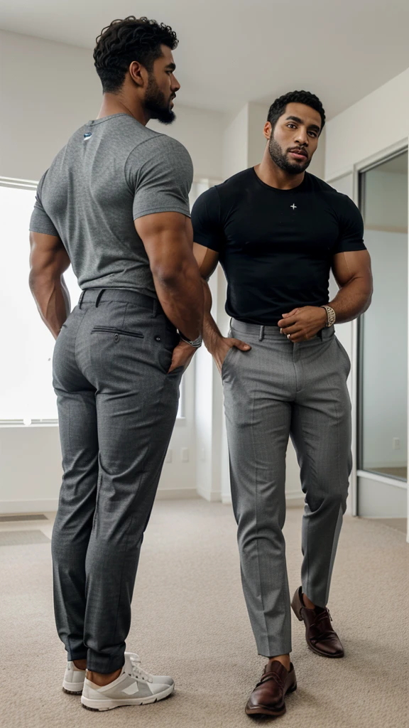 A Hispanic black man with a face that looks like Henry Cavill. black man, His body is muscular and he has a toothed beard..  Big Butt, in a moment of reflection. full body. Fajada shirt, semi formal clothing, grey pants, backside. 