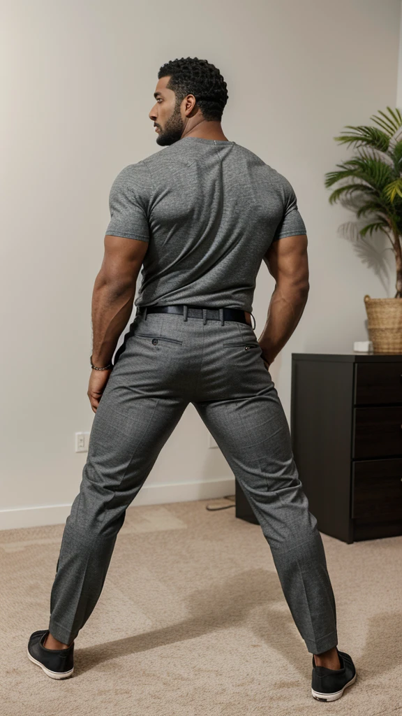 A Hispanic black man with a face that looks like Henry Cavill. black man, His body is muscular and he has a toothed beard..  Big Butt, in a moment of reflection. full body. Fajada shirt, semi formal clothing, grey pants, backside. 