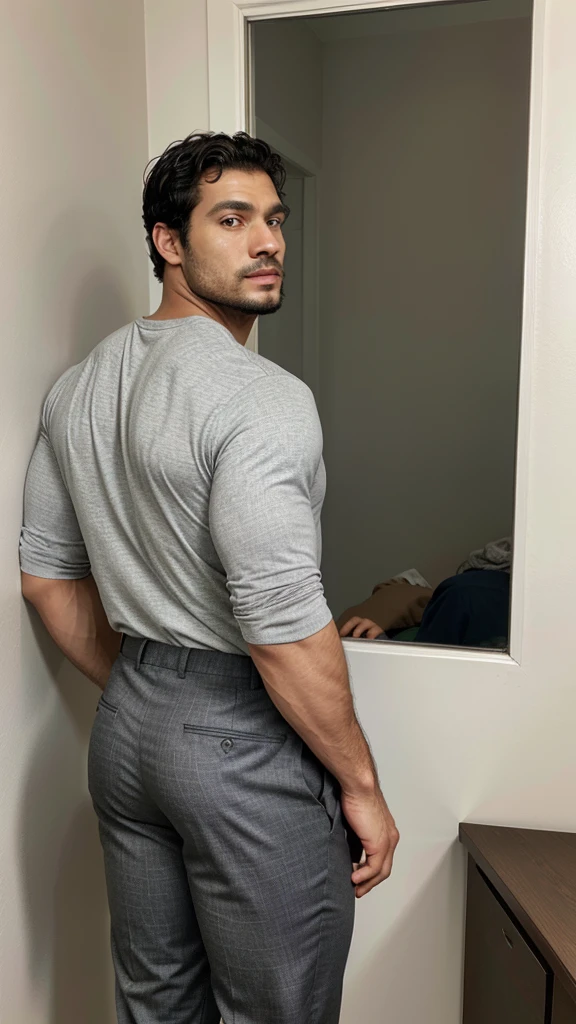 A Hispanic black man with a face that looks like Henry Cavill. black man, His body is muscular and he has a toothed beard.. Big Butt, in a moment of reflection. full body. Fajada shirt, semi formal clothing, grey pants, backside.