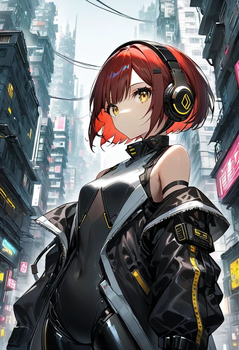 1girl in, android, Cyberpunk, red hair, cyan and yellow eyes, Short hair, White breastplate, Black futuristic headphones, Mechanical black glossy metallic Bodysuit, Bare shoulders, oversized jacket, Glossy, shiny material,chibi emote, chibi character, cyberpunk city, 