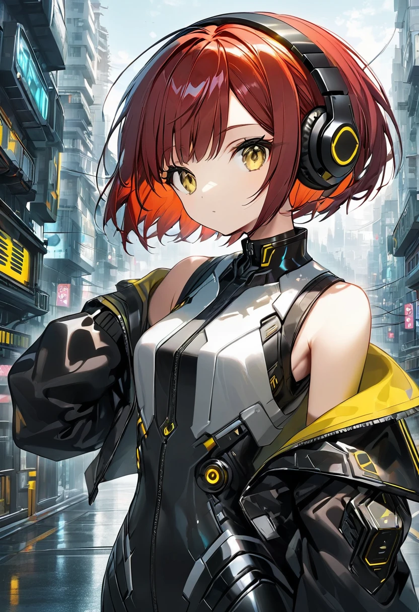 1girl in, android, Cyberpunk, red hair, cyan and yellow eyes, Short hair, White breastplate, Black futuristic headphones, Mechanical black glossy metallic Bodysuit, Bare shoulders, oversized jacket, Glossy, shiny material,chibi emote, chibi character, cyberpunk city, 