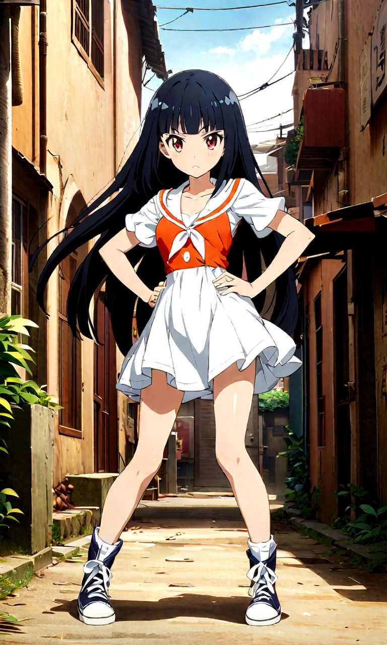 high school girl、Knee-high、Background white、Semi-long hair、whole body、Standing with your legs apart、Red Eyes、Displeased、to point at、Hands on hips、真summer、summer、Sunshine、Spiteful eyes、、Black Hair、blunt bangs、White shirt,1 girl, 2D CG, Advanced digital anime art, anime character