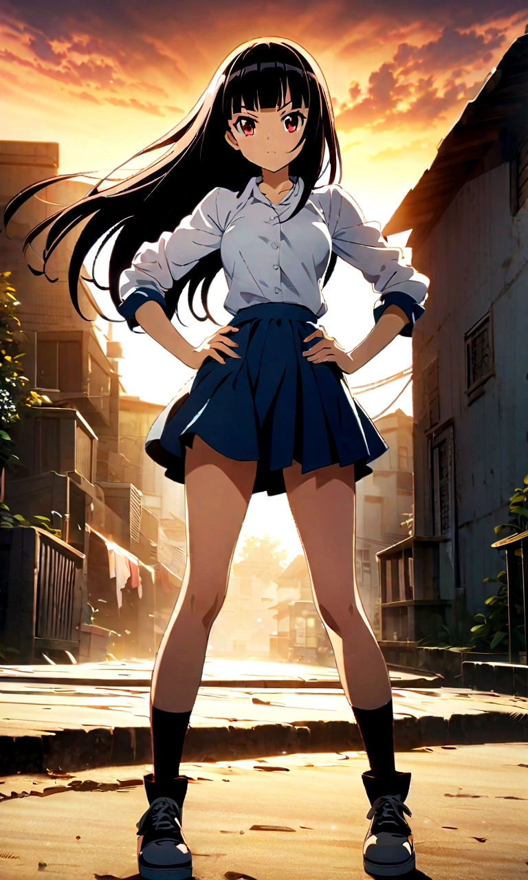 high school girl、Knee-high、Background white、Semi-long hair、whole body、Standing with your legs apart、Red Eyes、Displeased、to point at、Hands on hips、真summer、summer、Sunshine、Spiteful eyes、、Black Hair、blunt bangs、White shirt,1 girl, 2D CG, Advanced digital anime art, anime character