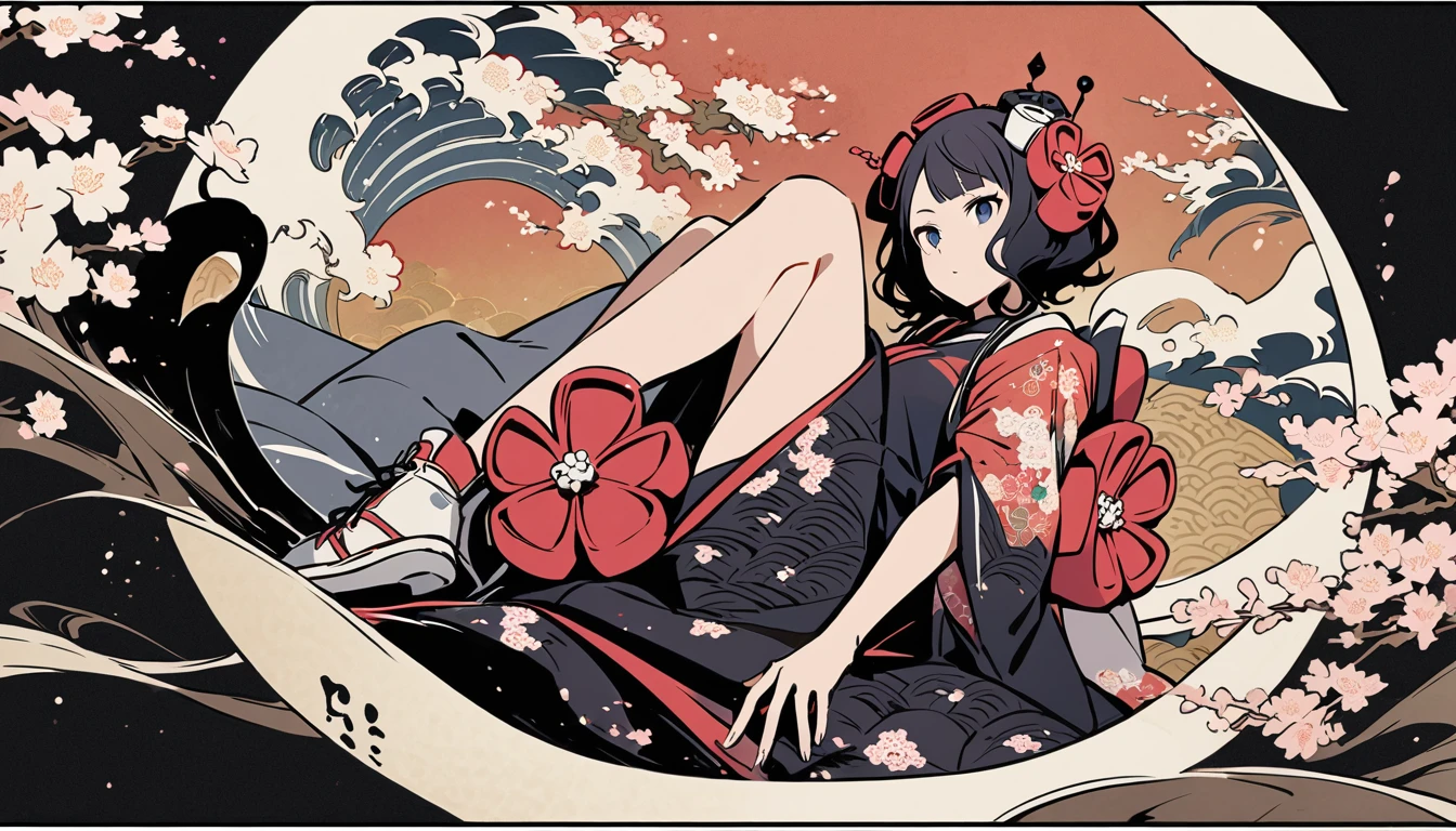 (((Highest quality))), (((Katsushika Hokusai))), (((Ink Painting))), ((very straight longhair)), ((1 girl)), ((cherry blossoms)), ((beautiful girl)), Japanese style headphones, Black Hair, Delicate and precise, Modern ukiyo-e style, Japanese pattern sneakers, Japanese pattern haori