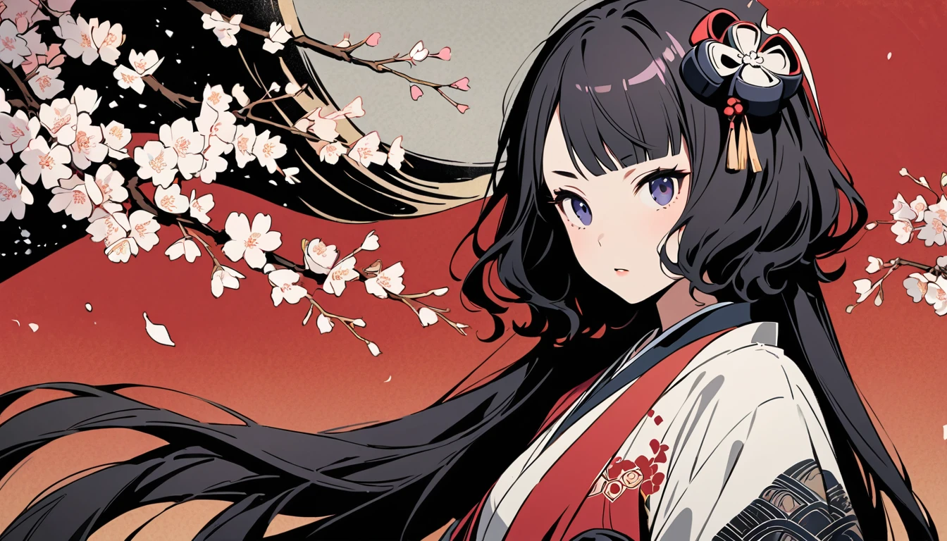 (((Highest quality))), (((Katsushika Hokusai))), (((Ink Painting))), ((very straight longhair)), ((1 girl)), ((cherry blossoms)), ((beautiful girl)), Japanese style headphones, Black Hair, Delicate and precise, Modern ukiyo-e style, Japanese pattern sneakers, Japanese pattern haori