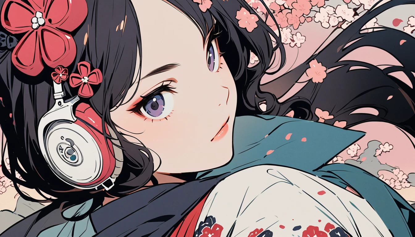 (((Highest quality))), (((Katsushika Hokusai))), (((Ink Painting))), ((very straight longhair)), ((1 girl)), ((cherry blossoms)), ((beautiful girl)), Japanese style headphones, Black Hair, Delicate and precise, Modern ukiyo-e style, Japanese pattern sneakers, Japanese pattern haori