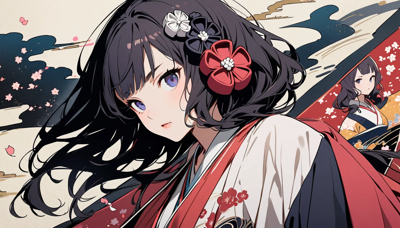 (((Highest quality))), (((Katsushika Hokusai))), (((Ink Painting))), ((very straight longhair)), ((1 girl)), ((cherry blossoms)), ((beautiful girl)), Japanese style headphones, Black Hair, Delicate and precise, Modern ukiyo-e style, Japanese pattern sneakers, Japanese pattern haori