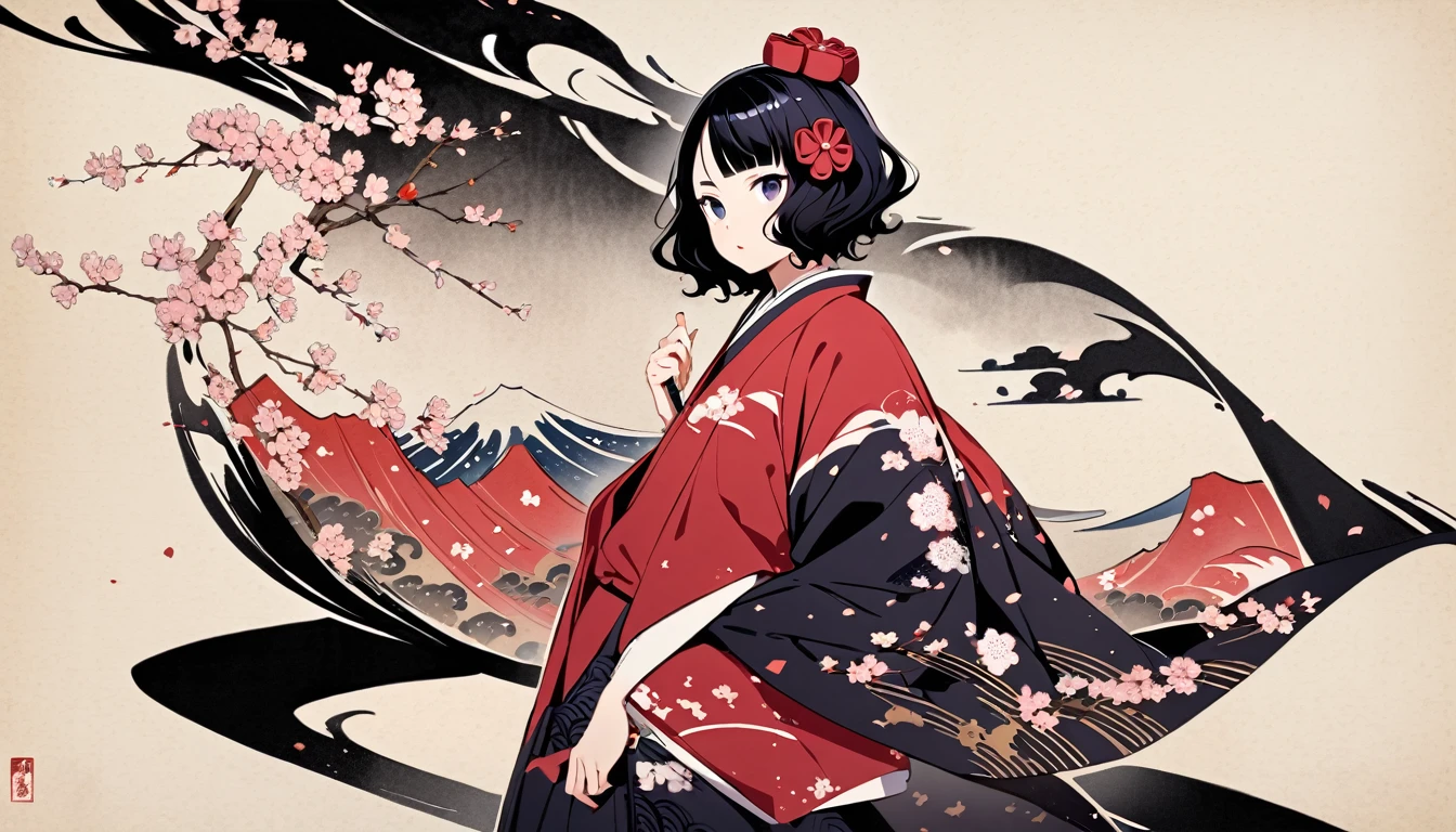 (((Highest quality))), (((Katsushika Hokusai))), (((Ink Painting))), ((very straight longhair)), ((1 girl)), ((cherry blossoms)), ((beautiful girl)), Japanese style headphones, Black Hair, Delicate and precise, Modern ukiyo-e style, Japanese pattern sneakers, Japanese pattern haori