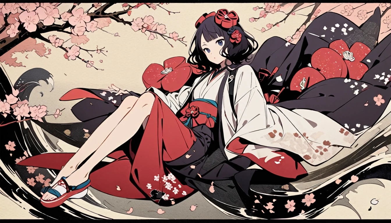 (((Highest quality))), (((Katsushika Hokusai))), (((Ink Painting))), ((very straight longhair)), ((1 girl)), ((cherry blossoms)), ((beautiful girl)), Japanese style headphones, Black Hair, Delicate and precise, Modern ukiyo-e style, Japanese pattern sneakers, Japanese pattern haori