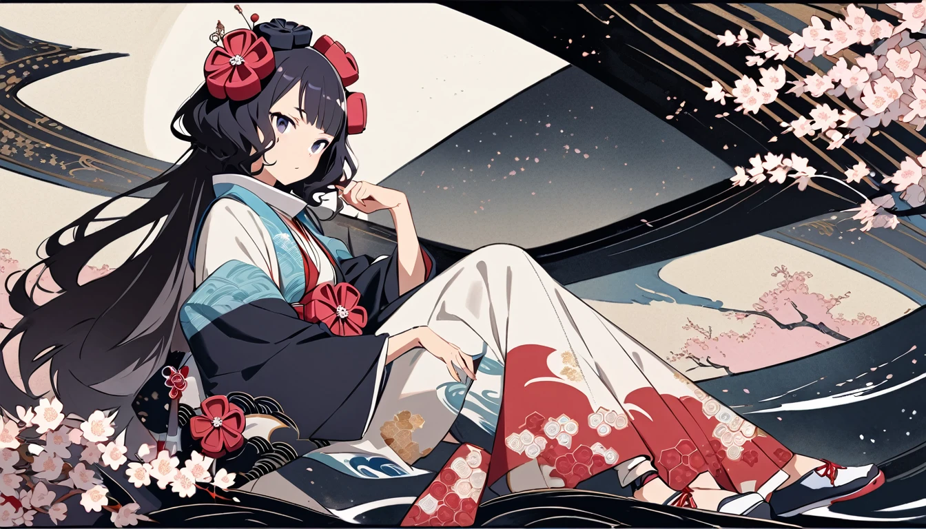 (((Highest quality))), (((Katsushika Hokusai))), (((Ink Painting))), ((very straight longhair)), ((1 girl)), ((cherry blossoms)), ((beautiful girl)), Japanese style headphones, Black Hair, Delicate and precise, Modern ukiyo-e style, Japanese pattern sneakers, Japanese pattern haori