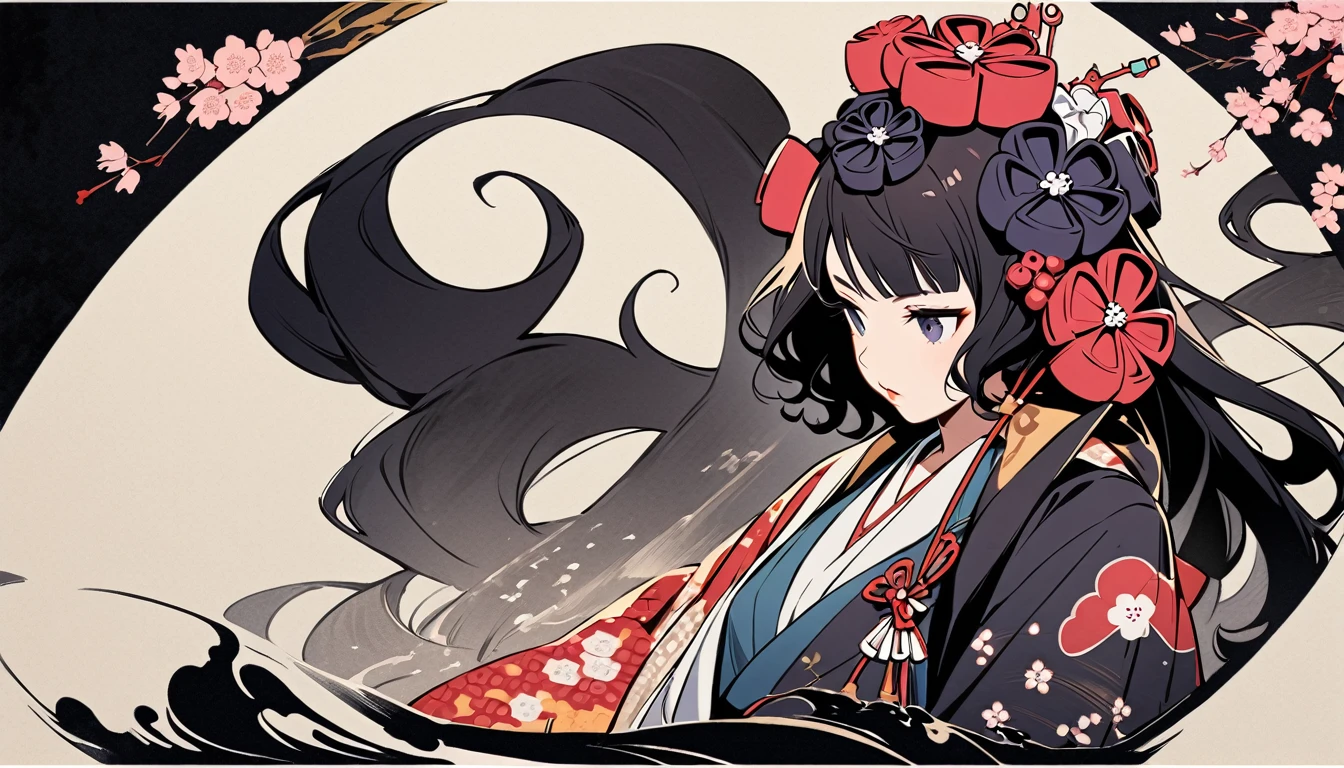 (((Highest quality))), (((Katsushika Hokusai))), (((Ink Painting))), ((very straight longhair)), ((1 girl)), ((cherry blossoms)), ((beautiful girl)), Japanese style headphones, Black Hair, Delicate and precise, Modern ukiyo-e style, Japanese pattern sneakers, Japanese pattern haori