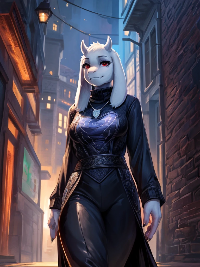 By Ross Tran, ruan jia, (((Toriel))), (Female goat anthro:1.3), (White fur:1.1), (walking towards viewer:1.3), (Foggy night alley:1.23), (Blank expression:1.3), (detailed eyes), (sharp red eyes), detailed background, 8k hd, (dark shadows, wide dynamic range, hdr, low light:1.2), (Thin physique), black eyeshadow, (black turtleneck, silver necklace, black dress pants), ((Gothic)), Close-up, high detail, highly detailed, digital painting, ((blank grey background)), black fingernails, black makeup