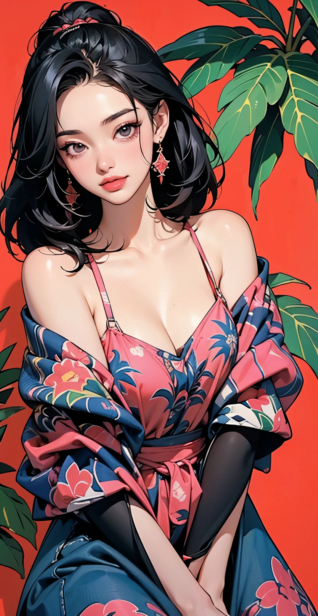 Flat Illustration artwork, ((Angelababy)) in a dress standing in front of simple background, up close, ((Art style by Patrick Nagel)), ((8k, wallpaper, detailed)), dark sunglasses, korean pop-star, big smile, black hair, pretty hands, fringe, simple red background, palm trees, (graffiti wall:1.2), strong, courageous, art by Patrick Nagel, music album art cover