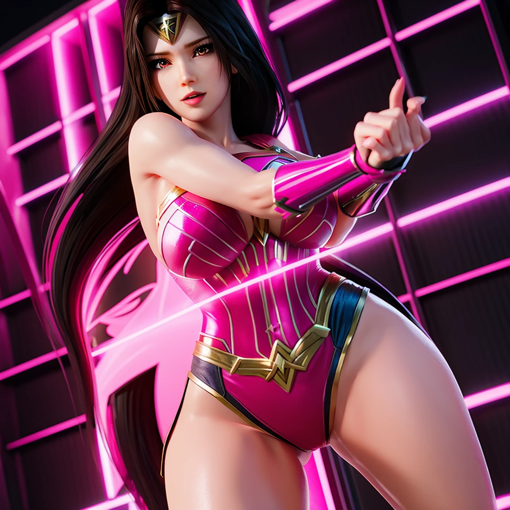 Create a sexy wonder woman dc character, transforming black widow into a copy of herself with pink hair and fluorescent pink touches in a sequence of pink colors