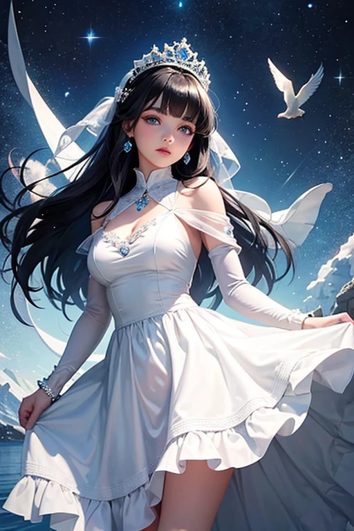 A beautiful young princess with black hair and blue eyes., she is wearing her beautiful long white dress