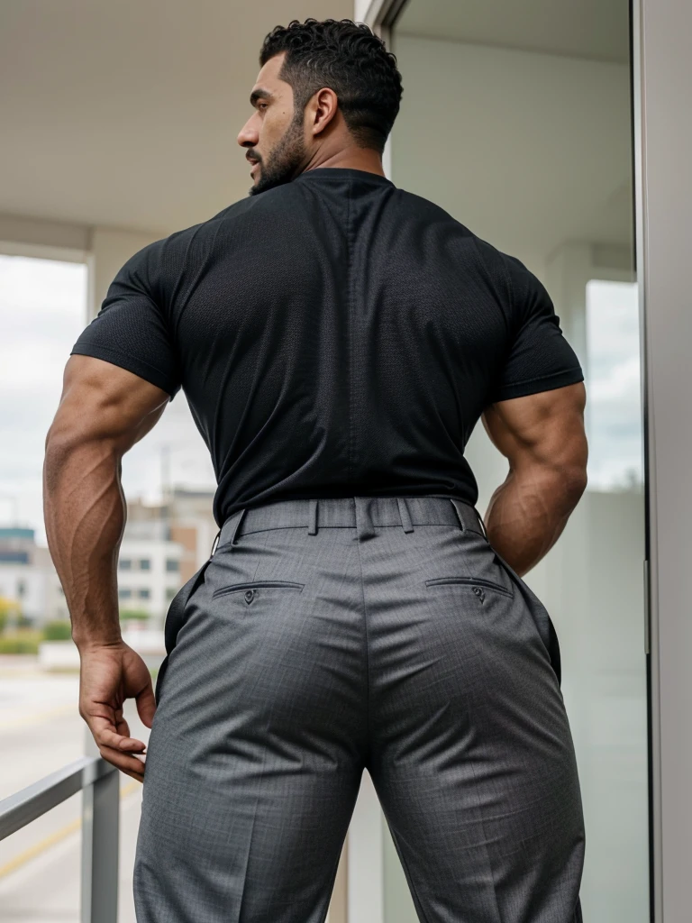 A Hispanic black man with a face that looks like Henry Cavill. black man, His body is muscular and he has a toothed beard..  Big Butt, in a moment of reflection. full body. Fajada shirt, semi formal clothing, grey pants, backside. 