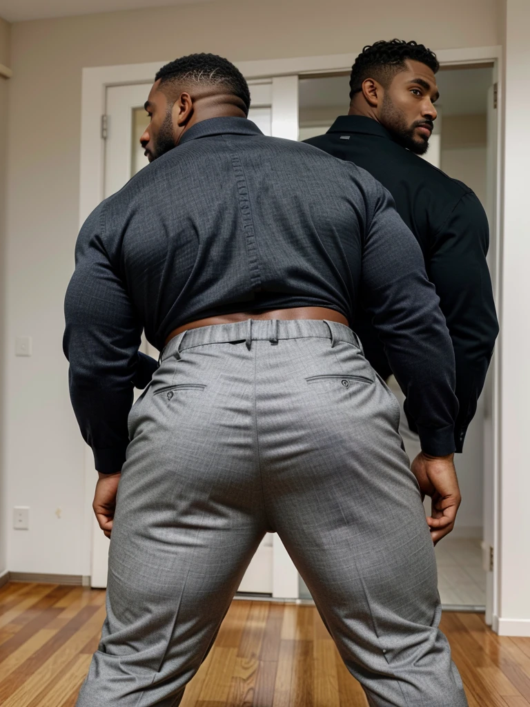 A Hispanic black man with a face that looks like Henry Cavill. black man, His body is muscular and he has a toothed beard.. Big Butt, in a moment of reflection. full body. Fajada shirt, semi formal clothing, grey pants, backside.