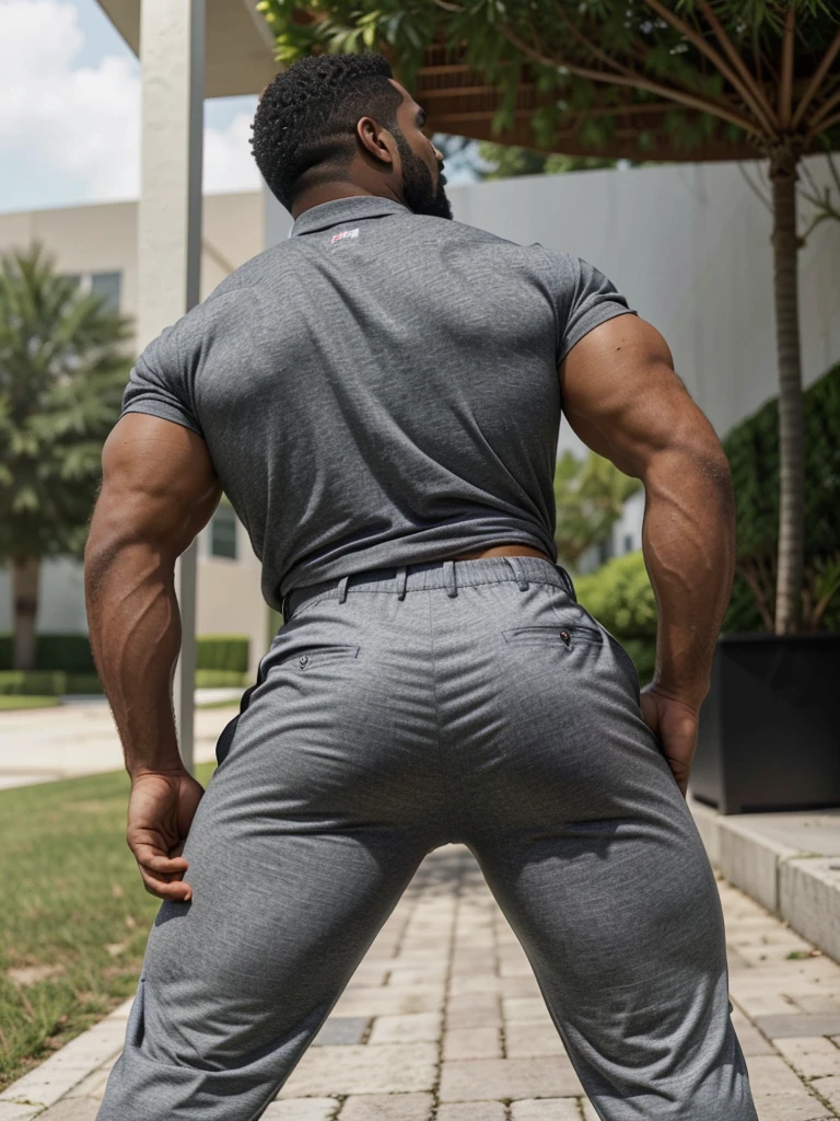 A Hispanic black man with a face that looks like Henry Cavill. black man, His body is muscular and he has a toothed beard..  Big Butt, in a moment of reflection. full body. Fajada shirt, semi formal clothing, grey pants, backside. 