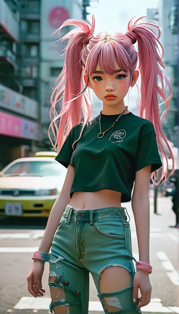 1girl, idol, full body shot, collarbone,  ,, photo, film, depth of field, skin texture, t-shirt, ripped pencil jeans, rubber band, topknot, long hair, messy hair, freckles, In the room, blush, focus on face, bangs, hair circle, green and pink hair Futuristic cities、TOKYOcty、empty mechanical car、natta、Numerous cyborgs fighting surrounded by creepy cyborg DNAt."."agnes cecile, Written by Andre Masson, Francis Bacon, 4K, intrincate details, Attention to detail, awardwinning, 8K, crisp quality, hyper realisitic, Exquisite craftsmanship, nffsw, masutepiece, Lusciousness, Mesmeric, Dreamy, Eye-catching, Irresistible, Fascinating, Glorious, divine, Pretty, excellent, Gorgeous, Very cute, Adorable, classy, Stunning, water color, painting, artwork, beautiful girl