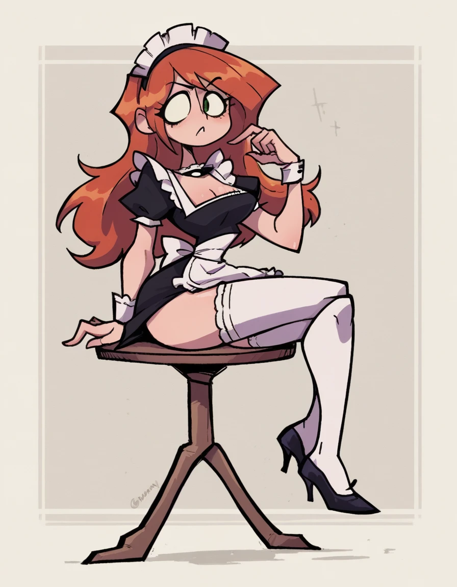  Daphne from the cartoon "Scooby-Doo", orange hair, maid clothes, with strap, annoyed, White thigh high stockings, garter belt in each stocking, flushed.