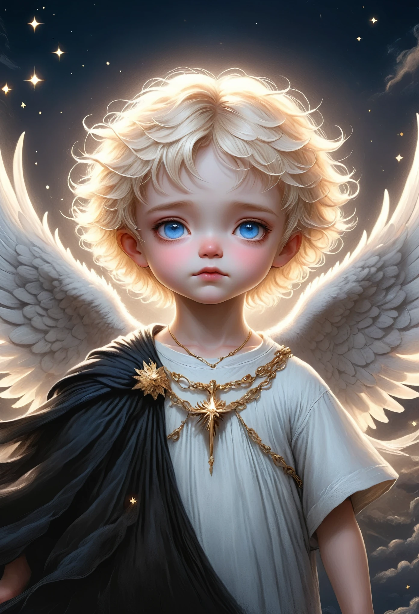 a 3 year old boy with angel wings and halo, golden hair, blue eyes, wearing jewelry, dark background, illustration, soft colors, clair obscur, Many stars，Fluffy clouds，Gorgeous wings，symmetry，Mediovale, extremely detailed, 8K, high quality, fallen dark angel lucifer surrounded by dark wings, black and white mobius strip, swirling white wings and dark angel, blackened, (best quality,4K,8K,highres,masterpiece:1.2),ultra-detailed,(realistic,photorealistic,photo-realistic:1.37),dramatic lighting,dramatic contrast,dark fantasy,digital painting,oil painting,cinematic