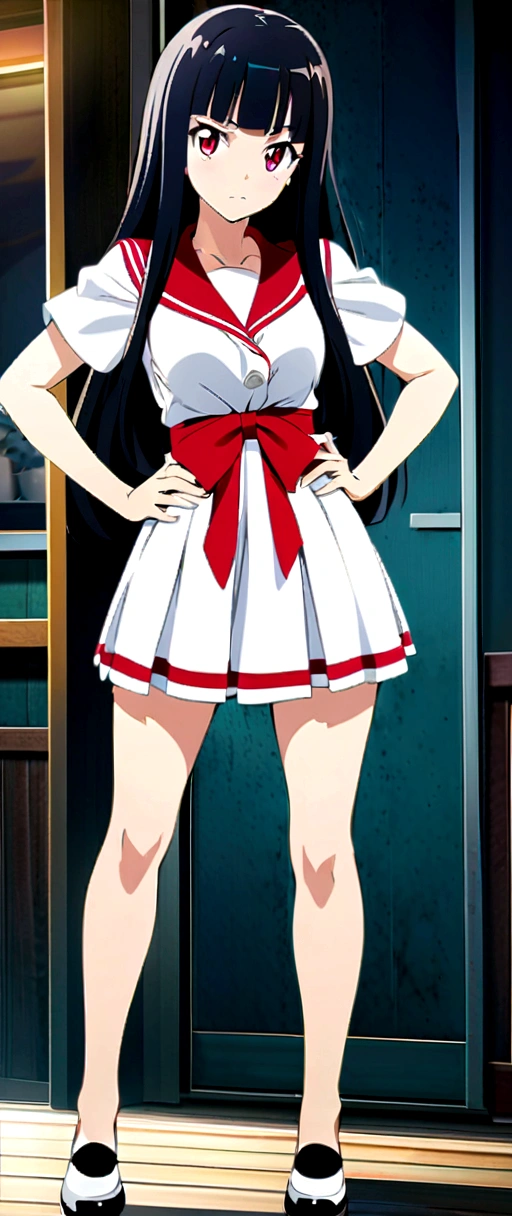 high school girl、Knee-high、Background white、Semi-long hair、whole body、Standing with your legs apart、Red Eyes、Displeased、to point at、Hands on hips、真summer、summer、Sunshine、Spiteful eyes、、Black Hair、blunt bangs、White shirt,1 girl, 2D CG, Advanced digital anime art, anime character