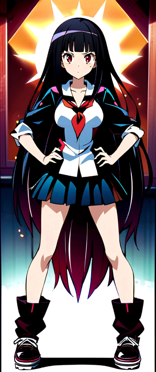 high school girl、Knee-high、Background white、Semi-long hair、whole body、Standing with your legs apart、Red Eyes、Displeased、to point at、Hands on hips、真summer、summer、Sunshine、Spiteful eyes、、Black Hair、blunt bangs、White shirt,1 girl, 2D CG, Advanced digital anime art, anime character