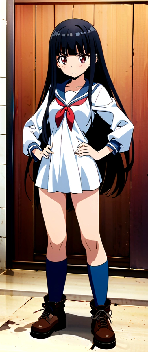 high school girl、Knee-high、Background white、Semi-long hair、whole body、Standing with your legs apart、Red Eyes、Displeased、to point at、Hands on hips、真summer、summer、Sunshine、Spiteful eyes、、Black Hair、blunt bangs、White shirt,1 girl, 2D CG, Advanced digital anime art, anime character