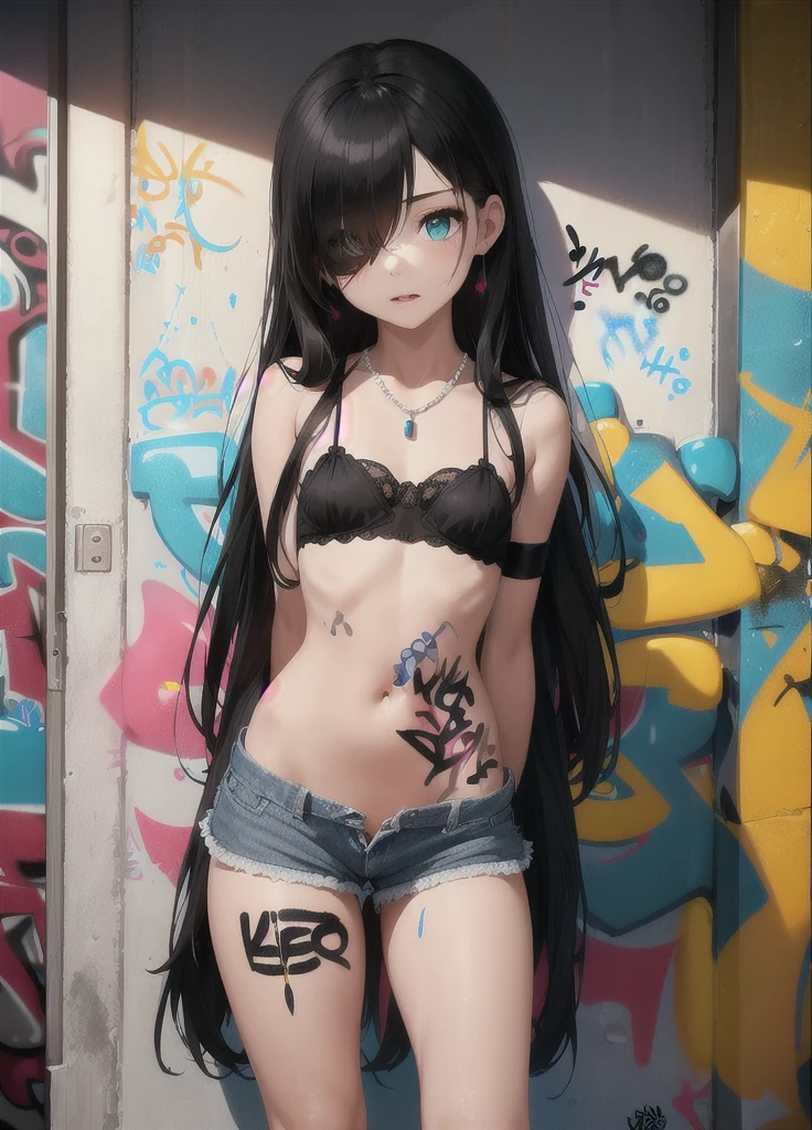 masterpiece, best quality, 1 Girl, Solitary, Top of crop, Denim shorts, Necklace, (Graffiti:1.5), Paint splatter, Put your hands behind your back, Against the wall, Looking at the audience, armband, Thigh straps, Body paint, Head tilt, boring, Colorful hair, Aqua eyes, earphone,(masterpiece:1.5)、(best quality:1.5)、(8K:1.2)、(Very detailed:1.2)、(Practical:1.2)、(Ultra-high resolution:1.2)、(Highly detailed and Practical skin:1.2)、(The eyes are very detailed、Clean:1.2)、(Girl locked in basement.:1.5)、(Violent sex with multiple men:1.6)、(Overflowing love juice:1.4)、(Once the hiccups:1.5)、rest、(10 year old slim girl:1.3)、(Beautiful eyeliner)、(Beautiful eye shadow)、Natural lips、rest、(Sheer tulle robe:1.6)、（Transparent nightgown:：1.5）、（There is nothing under the robe.：1.6）、（The robe fits tightly to the body：1.6）、（极度Transparent nightgown，Can see every part of the body：1.6）、rest、(Long black hair covers one eye.:1.3)、(flat chest：1.5)、(I&#39;I抽搐:1.6)、(blush:1.2)、(ecstasy:1.6),(final:1.2),(vulgar:1.2),(stupid:1.2),(steam:1.2),(trembling:1.8),(Tears:1.2),(Slobber:1.5),(Sweat:1.4),(Roll your eyes:1.6)、（Exposing private parts of the body：1.6）、（Breast exposure：1.5）、（Nipple exposure：1.5）、（Exposing breasts：1.5）、（Show all breasts：1.5）、（Breast exposure：1.5）、（Nipple exposure：1.5）、（Nipple exposure：1.6）、（The clothes are very thin：1.5）、（This dress is very close fitting：1.5）、（Breast exposure：1.5）、（naked：1.5）、（No clothes：1.6）、（naked体：1.5）、（Pink Breasts：1.5）、（Pink sex organs：1.5）、（Genital exposure：1.5）、（naked头：1.5）、used：1.6、满地都是used套套：1.5、The ground is full of dirty white bodily fluids：1.8