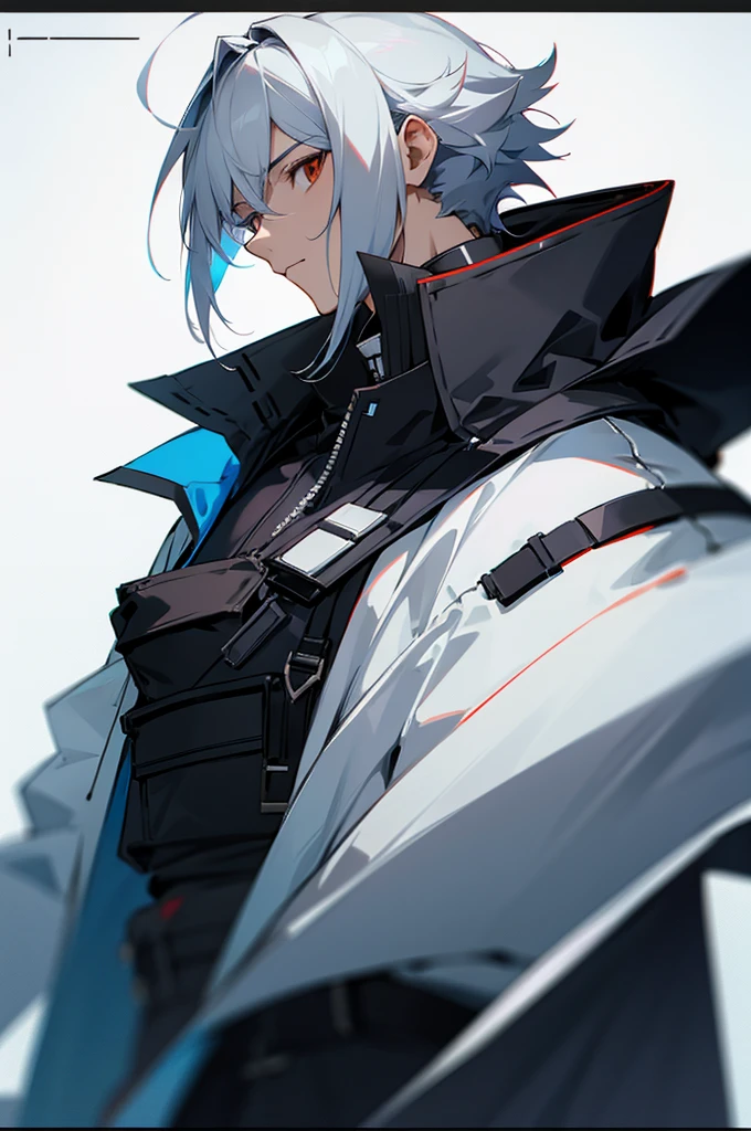 male in a post apoclytic world world. cool attire, cool clothes. upper body view, upclose, Arknights style.

