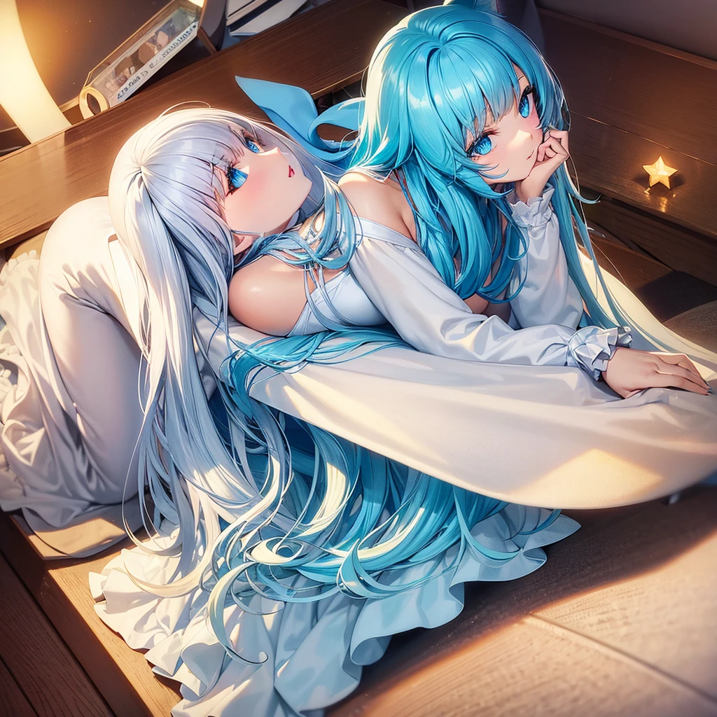 A cat girl with long white hair and ocean blue eyes with star shaped highlight wearing a white dress