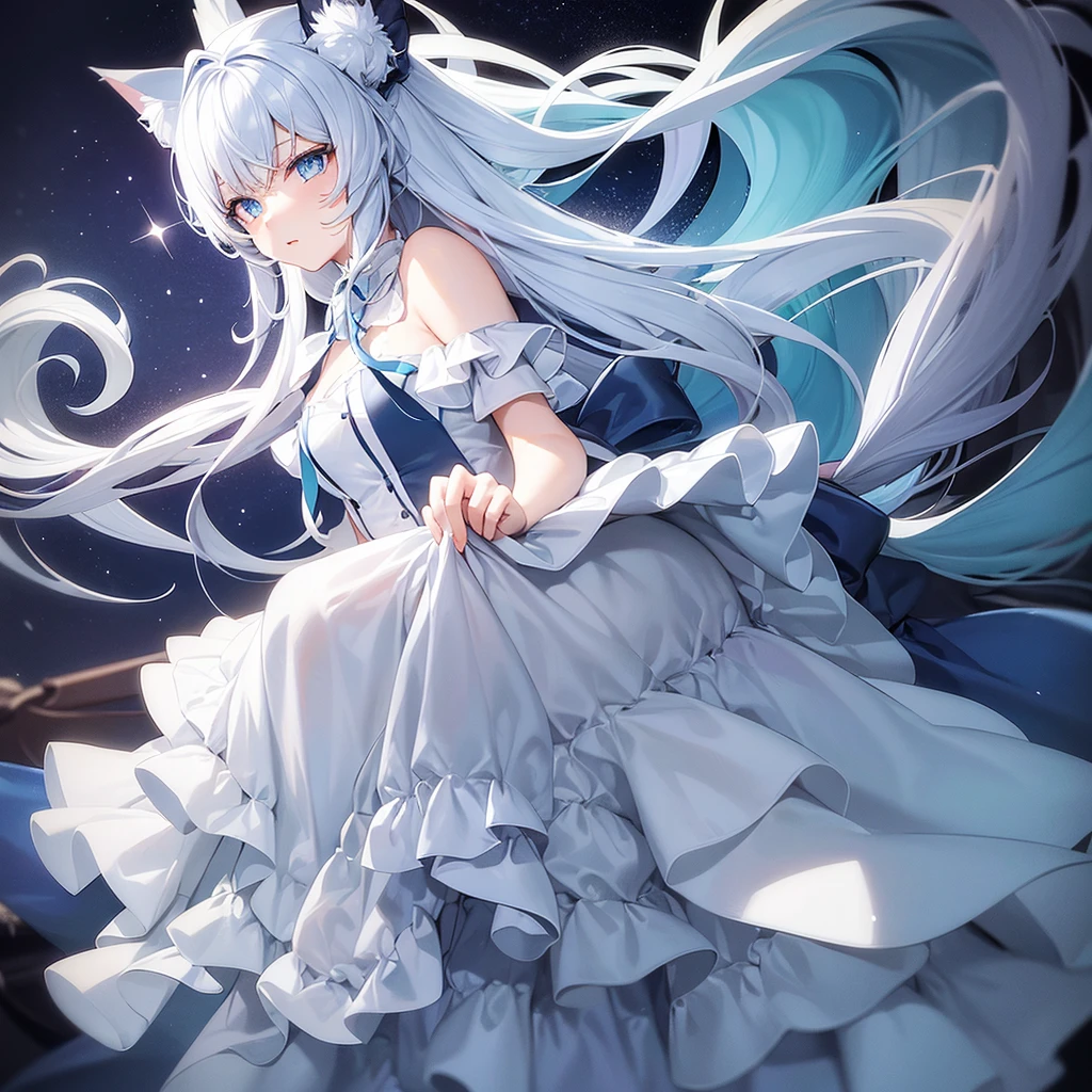 A cat girl with long white hair and ocean blue eyes with star shaped highlight wearing a white dress 