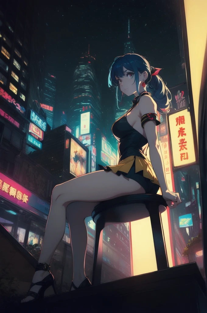 (masterpiece, Highest quality;1.3), Very detailed ,Super detailed,  One girl,alone,  Twin tails,  Large Breasts, Wicked Smile, Gundam(Search results for RX78), sf, Mecha, , Blue Hair, alone, hair ornaments, Long Hair, Twin tails, Golden Eyes, jewelry, Earrings, View your viewers,Shinjuku City Background,night, There are lots of neon signs, Moon base, Detailed dress, Micro Mini Skirt,  From below, Sitting,, Bust Shot,