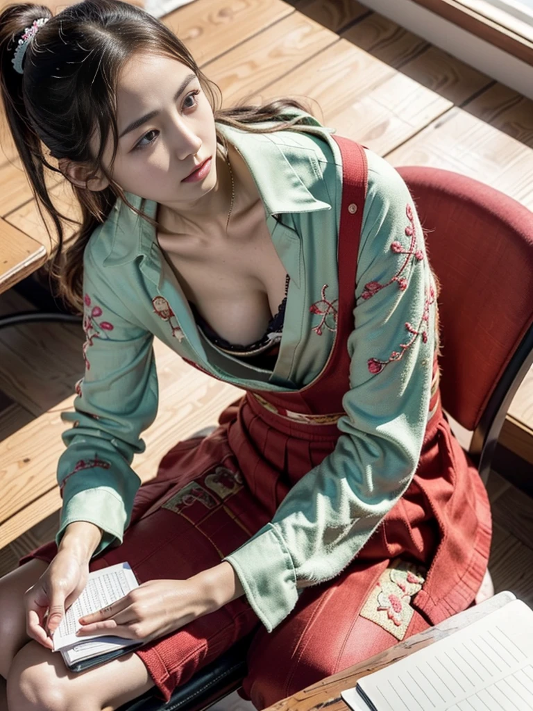 Highest quality, Ultra-high resolution, Highly detailed skin, Physically Based Rendering,Down blouse, Look down,(A 14-year-old Japanese girl sitting on a chair and writing in a notepad, On a small table, A cute bra with detailed embroidery, Overlap blouse, Small breasts, Sensual, From above),(Beautiful messy room background:1.2), In the classroom