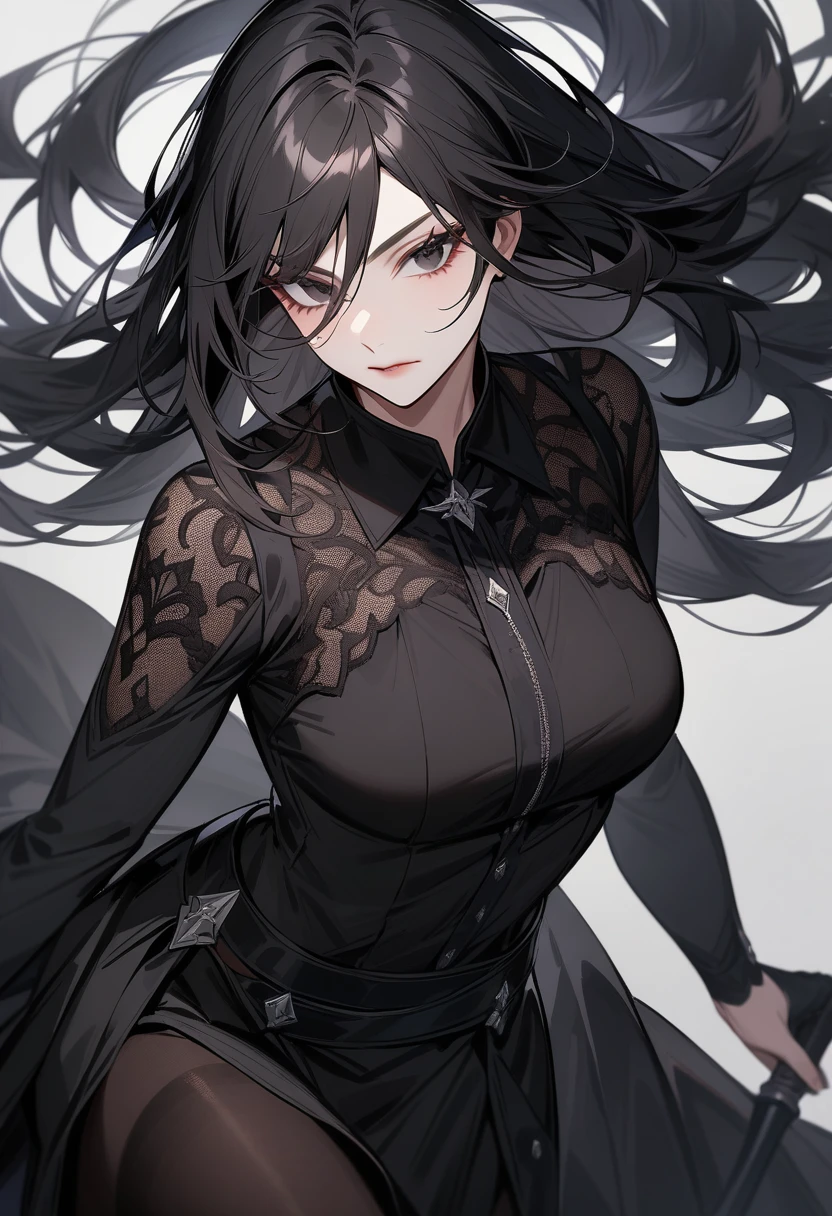 Older women,Black long hair,Black tights,assassin,Beautiful black eyes,Extremely detailed,high resolution,Simple background