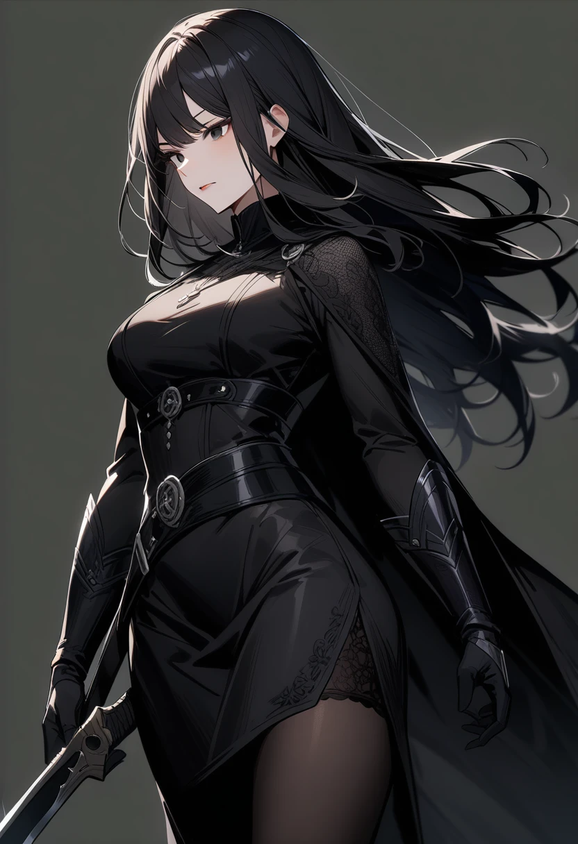 Older women，Black long hair，Black tights，assassin，Beautiful black eyes，Extremely detailed，high resolution，Simple background