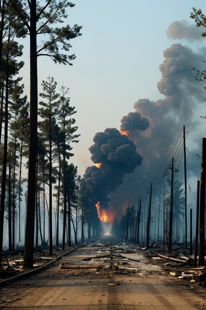 A burning town with trees falling down at a time between noon and night with no people