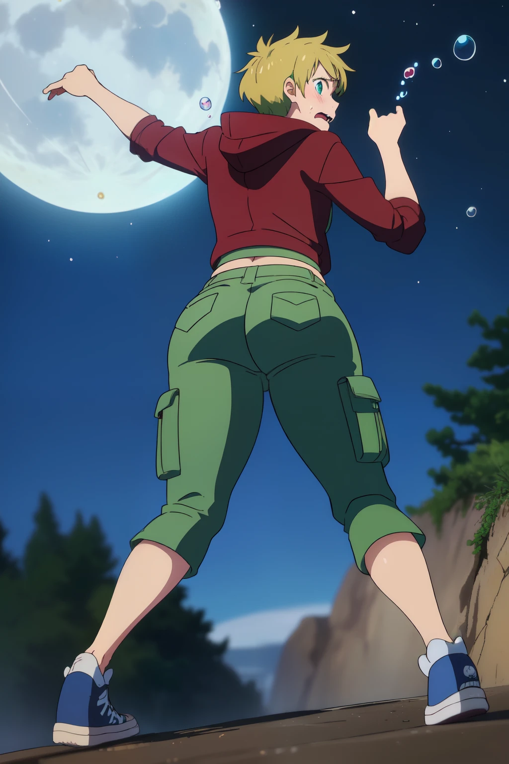 (((ultra-detailed, best quality, ultra-realistic, high quality))), (((1boy, solo, male focus))), (((15 years old, teenager, young boy, teen boy))), ((full body, behind view, depth of field)), ((blonde hair, short hair, spiky hair)), ((green colored eyes, almond shaped eyes, anime eyes)), ((beige colored skin, slender body, skinny body, thick thighs, bubble butt,  butt, plump butt, slim waist)), ((loose-fitting brown cargo pants, maroon hoodie, converse sneakers)), (embarrassed expression, frightened expression, blushing, open mouth, mouth open), (shaking, trembling, bent forward, seductive pose, showing butt to camera, gripping butt, grabbing butt, looking back at camera), [background; (dark forest), (foggy), (full moon), (night sky), (scary ambient lighting), (HD)]