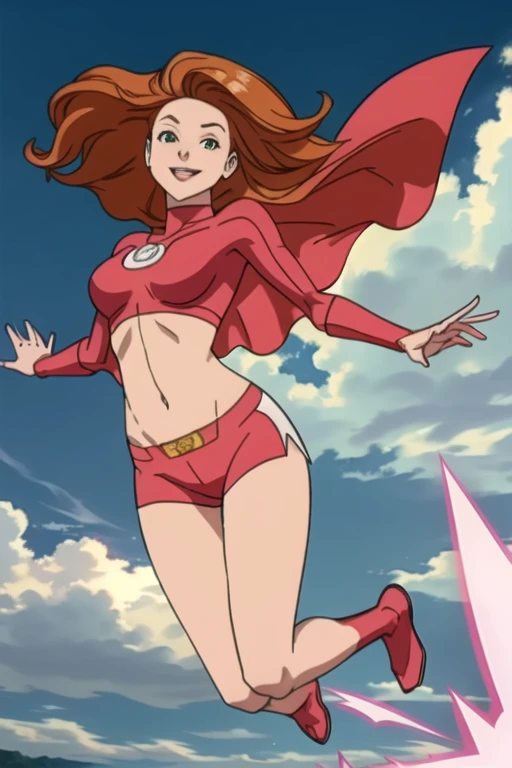 at a park, atom eve, cape, super hero suit, pink suit, (midriff)), ((navel)), ((crop top)), ((bare midriff)), ((bare legs)), ((bare thighs)), sexy, floating, levitation, looking at viewer, smiling, 