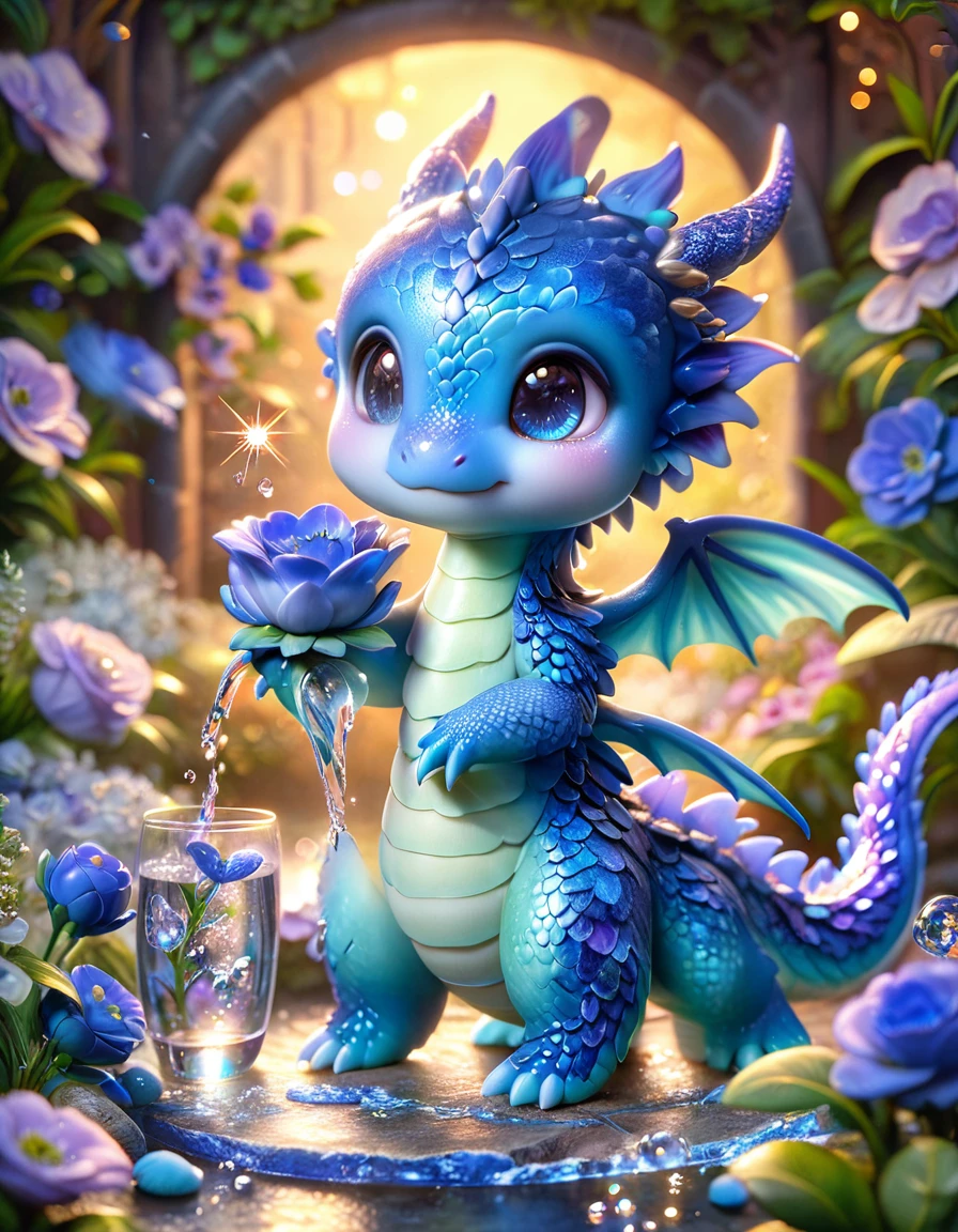 absurdres, highres, ultra detailed, HDR, master piece, best quality, small purple dragon, cute, two dragons together, couple, small blue dragon, fantasy, blue flowers, blue petals, sparkling, glittering, magical, glass, water