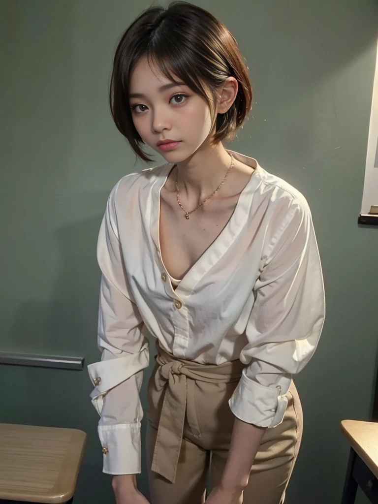 Highest quality, Ultra-high resolution, Highly detailed skin, Physically Based Rendering,Flat Chest, Down blouse,( Japanese girl , Decorative fine bra,Buttoned shirt, , Small breasts, Sensual ),(Beautiful background:1.2),Bend down and write on a notepad, In the classroom, short hair, necklace, See-through bra, Sexy Lingerie 