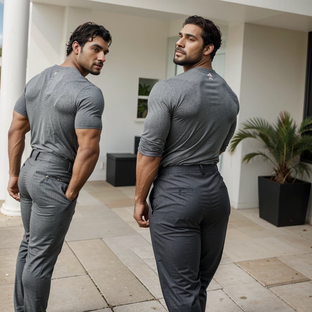 A Hispanic black man with a face that looks like Henry Cavill. black man, His body is muscular and he has a toothed beard.. Big Butt, in a moment of reflection. full body. Fajada shirt, semi formal clothing, grey pants, backside.