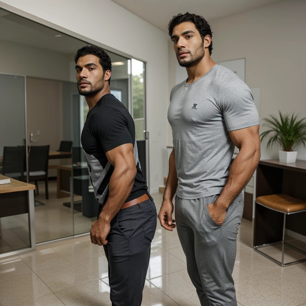 A Hispanic black man with a face that looks like Henry Cavill. black man, His body is muscular and he has a toothed beard..  Big Butt, in a moment of reflection. full body. Fajada shirt, semi formal clothing, grey pants, backside. 