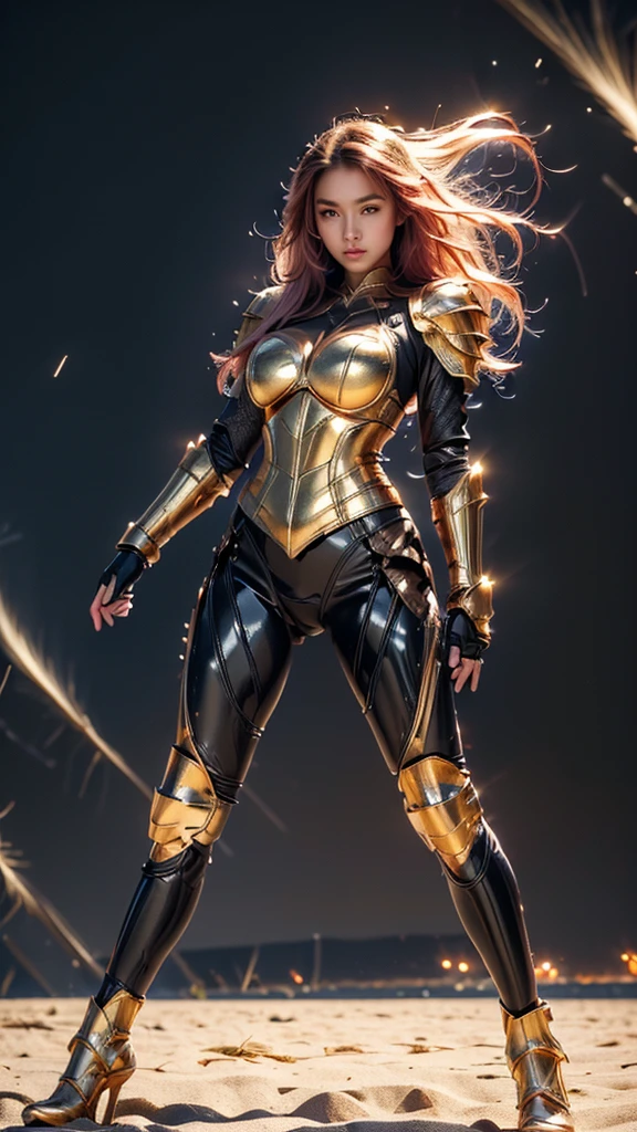 ((best quality)), ((masterpiece)), (ultra detailed lights), ((full body)), ((skinny body)), ((Ariel Tatum)), extremely beautiful, ((slim body)), thighs gap, ultra face details, 20 years old, ((pink curvy-hair)), ((hair blown by strong winds :1.3)), Award-winning photograph, ((symmetrical pose)), ((full body golden black armor)), posing in the middle, intricate details, ((thight golden armour)), ((extremely details armor)), ((tight latex pants)), ((24k-gold armor)), ((edge luminous armor)), cameltoe, luminescent, epic lights reflections, at beach, full of stars, orange clouds, nebula sky, epic aurora borealis in the background, shooting stars, ((from below))