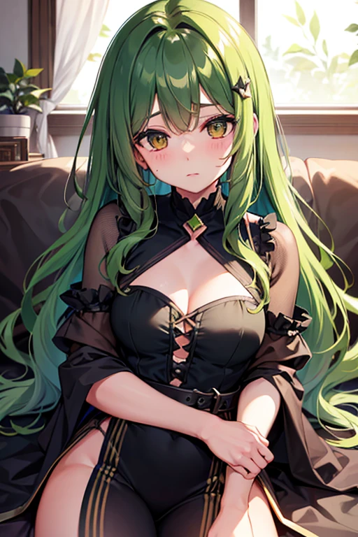 Make me a pretty girl, with dark green and wavy hair, dark brown eyes, sleeping eyes, GREEN HAIR PLEASE