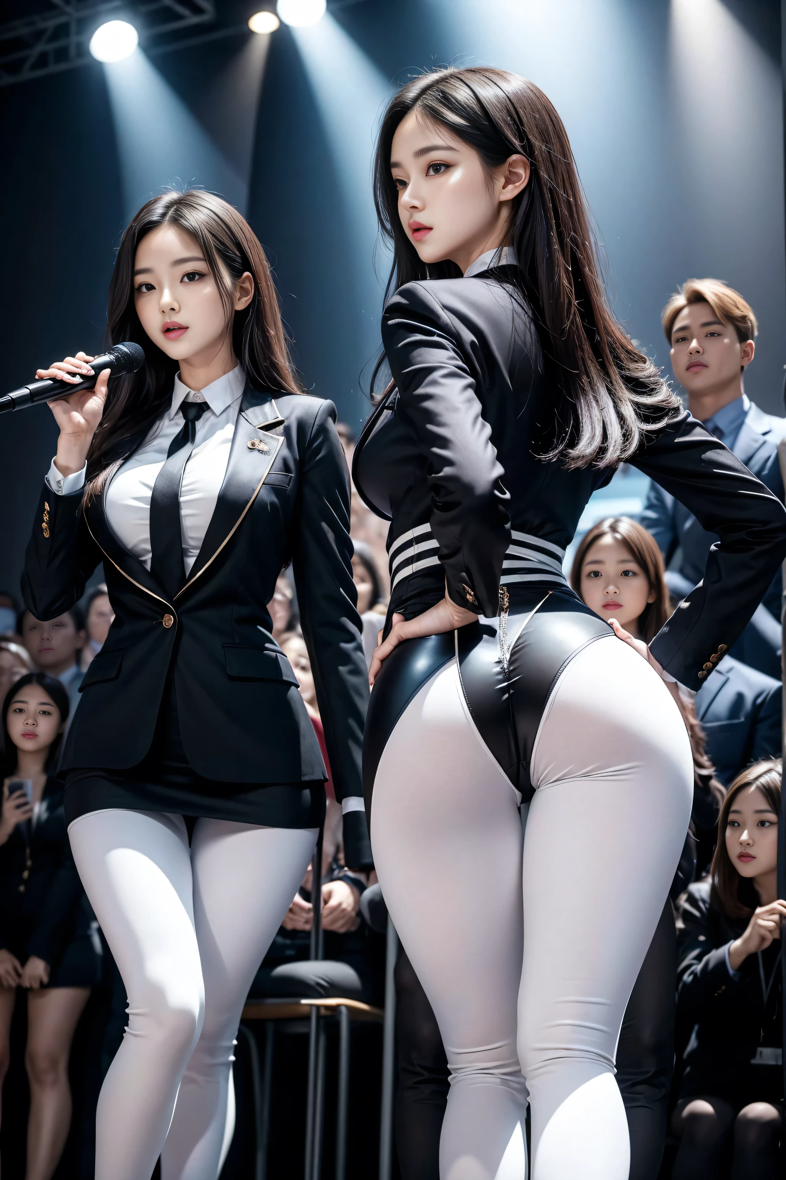 (8K,best quality,masterpiece,Practical,Very detailed:1.3),(2 girls,Beautiful Korean girl, Korean Idol),(Black Blazer:1.2),(White leggings:1.erious expression:1.2)discuss,(speech,Handheld Microphone:1.2)(crowd,audience:1.3),Seong legs, (Thigh gap:1.5),(((Extreme hourglass figure))),Wide hips,S-Shaped Body, Hip lift,,Black Hair,(Ass Focus1)Shot from ind